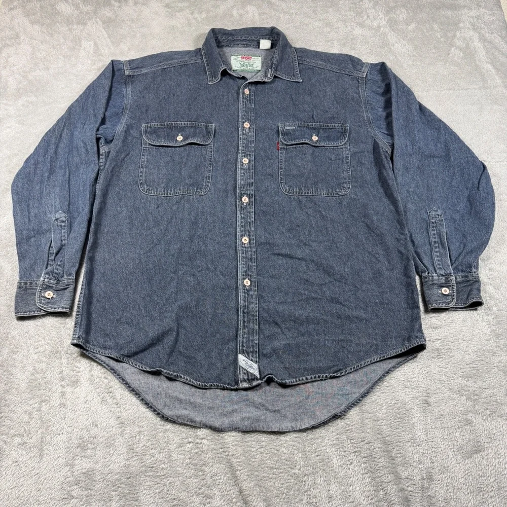 Vintage Levis Denim Button Down Shirt Men Large Blue Long Sleeve‎ Work Pocketed